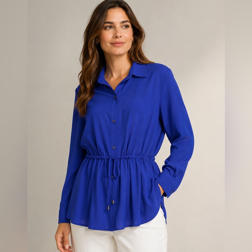 DKNY Button-Up Drawstring Waist Blouse size medium